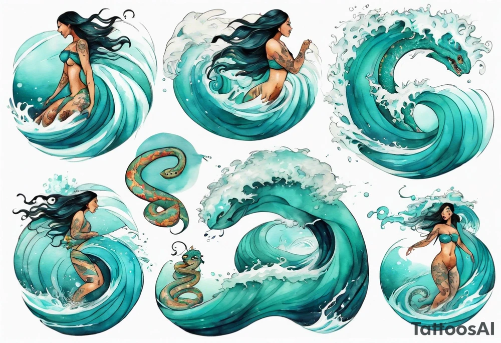 a beautiful chubby turquoise serpent woman emerging from an ocean wave, crashing onto the shore tattoo idea