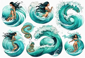 a beautiful chubby turquoise serpent woman emerging from an ocean wave, crashing onto the shore tattoo idea