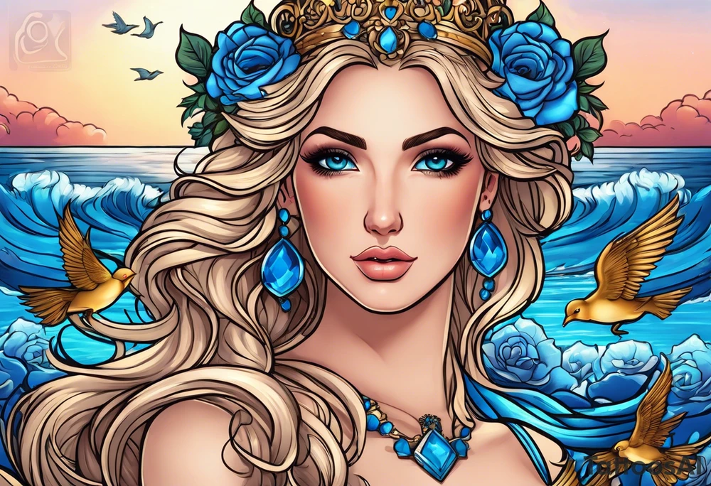 Aphrodite is the goddess of love, with a seaside background, surrounded by birds.. blue roses frames, background blue,present it in a tattoo tattoo idea