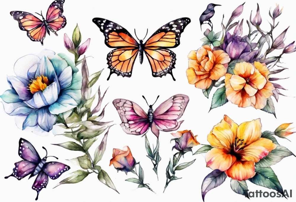 flowers, butterflies, birds, sunshine tattoo idea