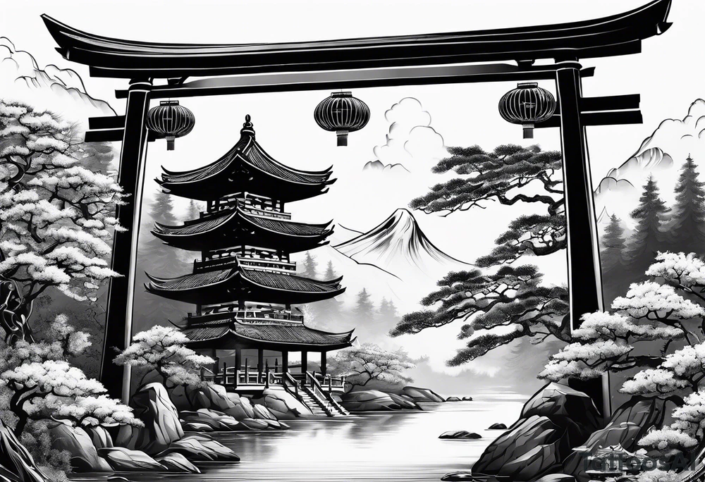 Dragón and samurai in zen circule, tori gate tattoo idea