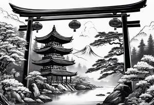 Dragón and samurai in zen circule, tori gate tattoo idea