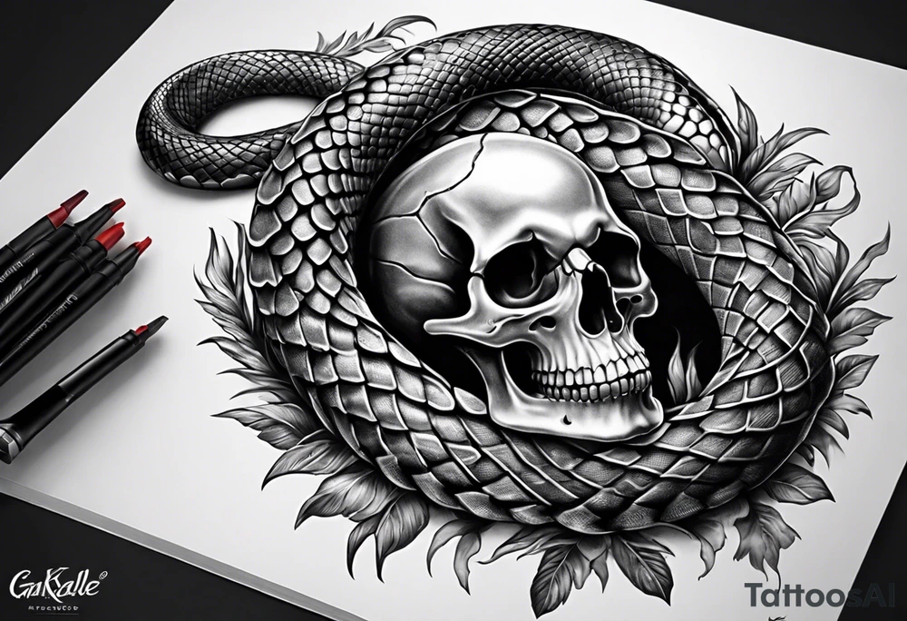 Snake intertwined into a realistic skull tattoo idea