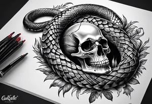 Snake intertwined into a realistic skull tattoo idea