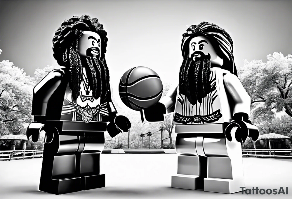 2 Lego figures in one scenery, one of them will be a Rastaman who is looking at the other one dribbling a basketball tattoo idea