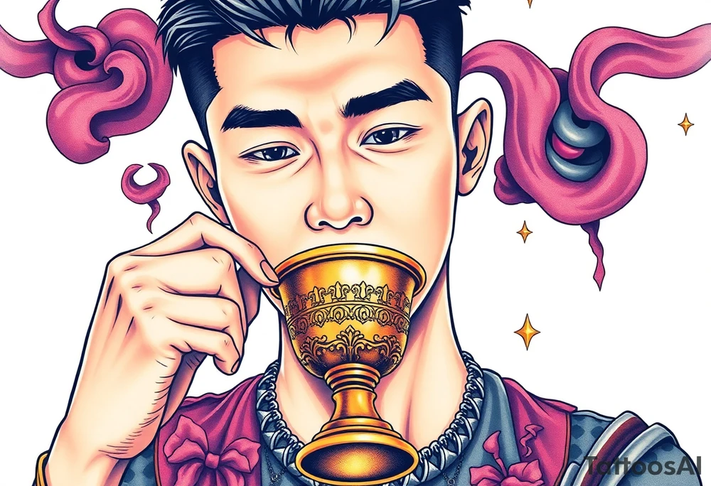 Handsome Asian young guy is drinking from medieval golden cup tattoo idea