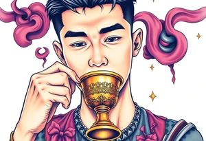 Handsome Asian young guy is drinking from medieval golden cup tattoo idea