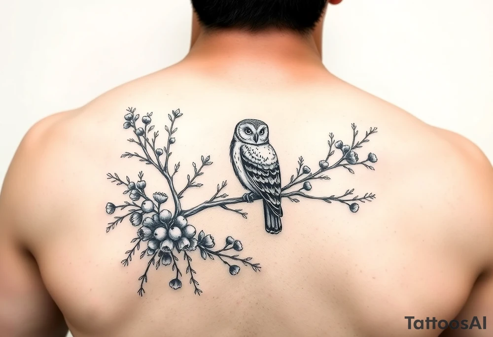 a fineline rowan tree branch with berries and florals. The florals should be large and the branches should have berries. Add in an owl and 2 magpies tattoo idea