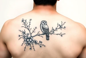 a fineline rowan tree branch with berries and florals. The florals should be large and the branches should have berries. Add in an owl and 2 magpies tattoo idea