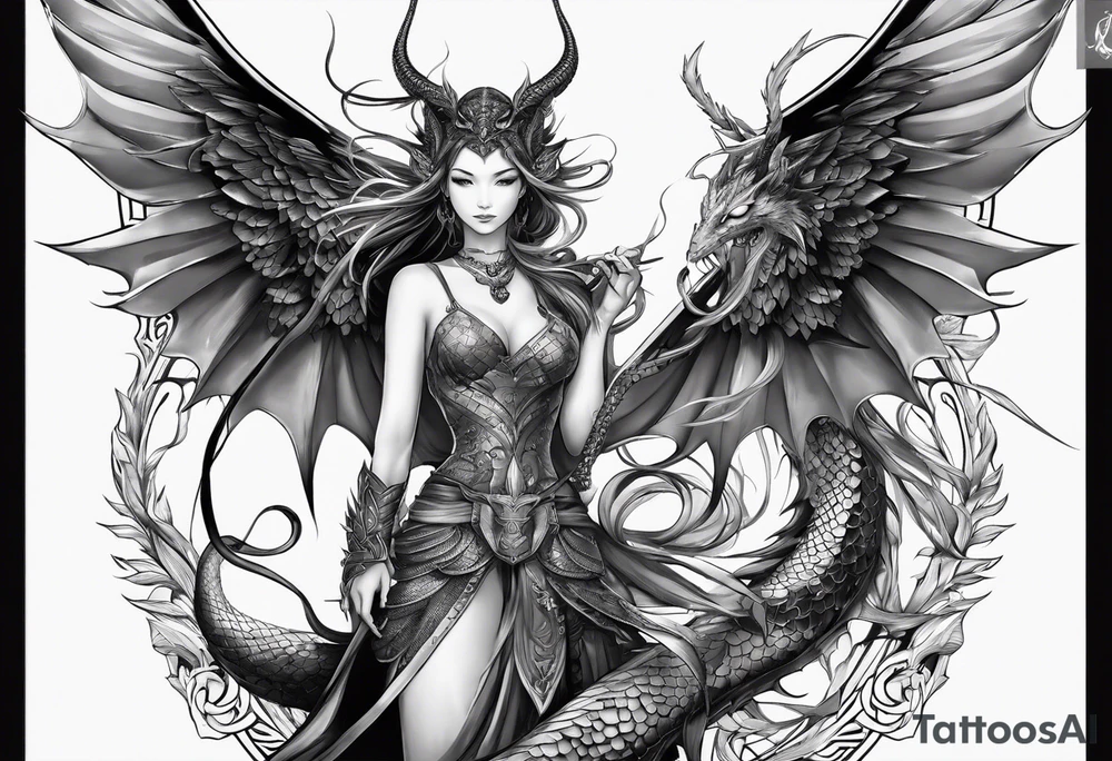 beautiful warrior nymph with wings and a dragon friend tattoo idea
