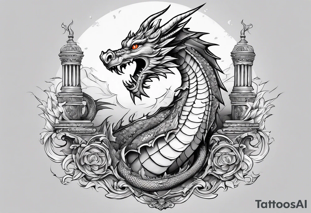 Cute Dragon broken roman columns tattoo idea