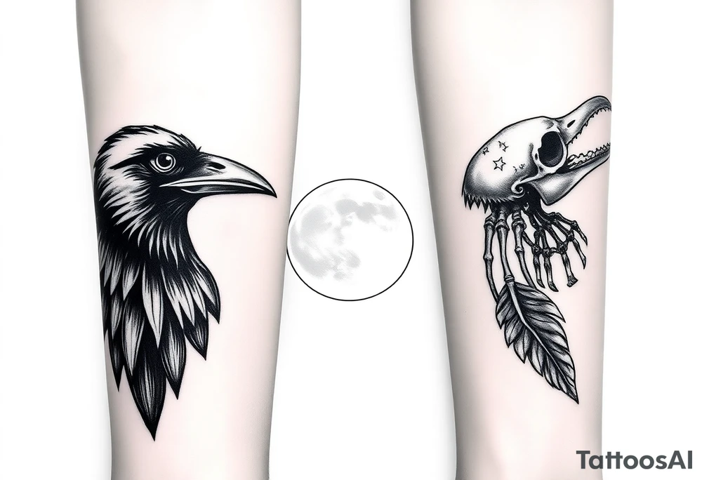 Double forearm tattoo with one normal crow head and the other forearm with a skeleton of a crows head. Each arm having feathers not attached to crows and a moon joining in the middle of both forearms tattoo idea