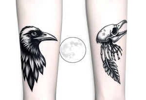 Double forearm tattoo with one normal crow head and the other forearm with a skeleton of a crows head. Each arm having feathers not attached to crows and a moon joining in the middle of both forearms tattoo idea