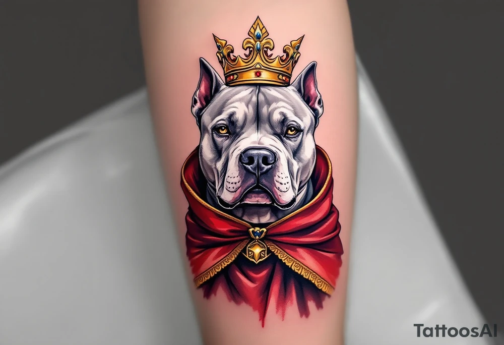 Crowned pitbull with royal cape, silver-gray fur, deep red velvet cape with gold trim, a golden crown set slightly crooked for a touch of character. tattoo idea