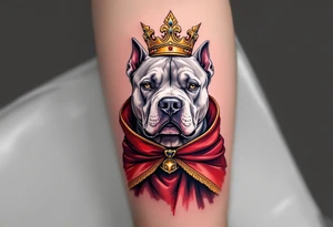 Crowned pitbull with royal cape, silver-gray fur, deep red velvet cape with gold trim, a golden crown set slightly crooked for a touch of character. tattoo idea