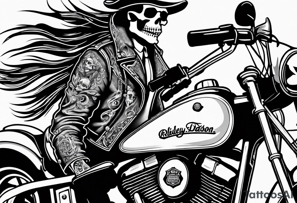 Old school skeleton with a shotgun riding a harley davidson tattoo idea