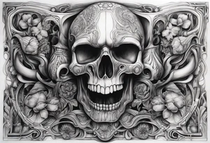 H.R. Giger mean skulls, water flow shapes, geometric shapes, flowers, using blues and fall colors tattoo idea