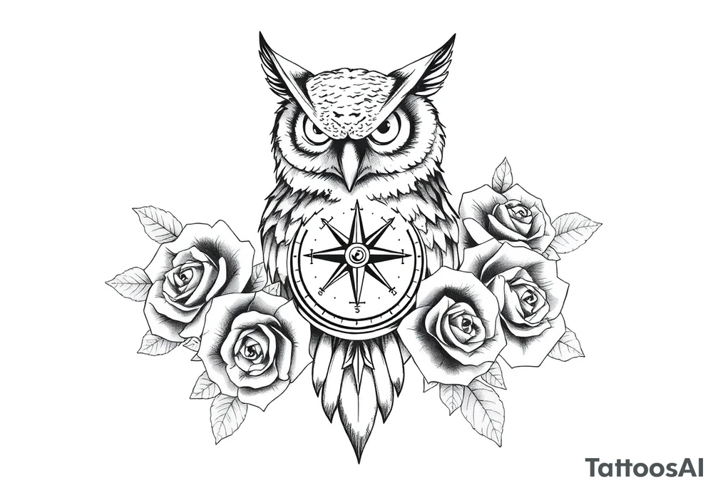 an owl,compass,roses, tattoo idea