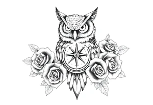 an owl,compass,roses, tattoo idea
