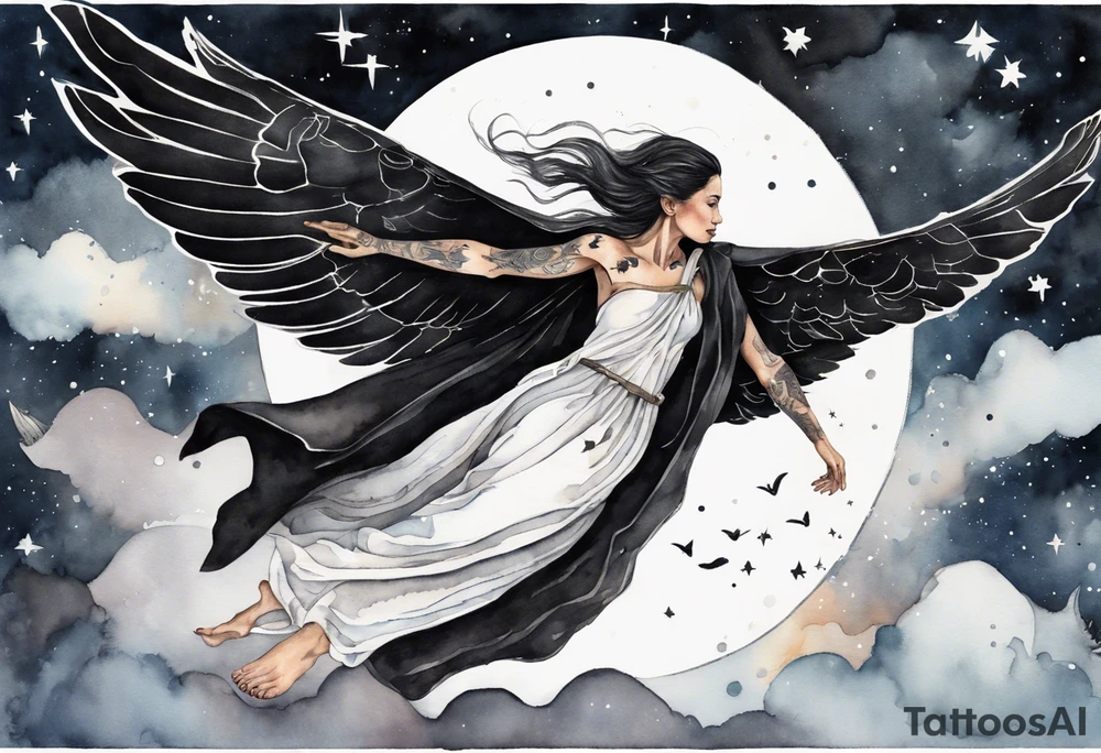 a beautiful 45 year old woman flying in the night sky with black wings, wearing a black and white cloak, bare feet tattoo idea