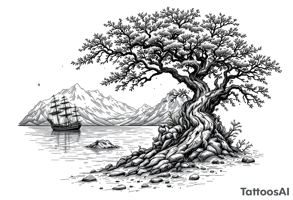 tattoo that has an acacia tree with mountains, ocean with a ship wreck and the northern star tattoo idea