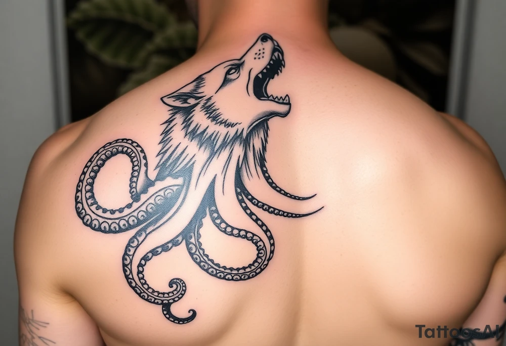 A surreal wolf octopus howling  in the arm tattoo idea