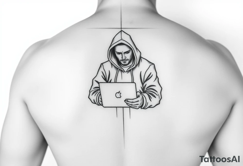Create a Image of Guy in a hoodie with laptop, like hacking, can you Make IT small so IT fits IT leg, ADD some like Matrix text that says Lovsan. tattoo idea