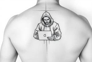 Create a Image of Guy in a hoodie with laptop, like hacking, can you Make IT small so IT fits IT leg, ADD some like Matrix text that says Lovsan. tattoo idea