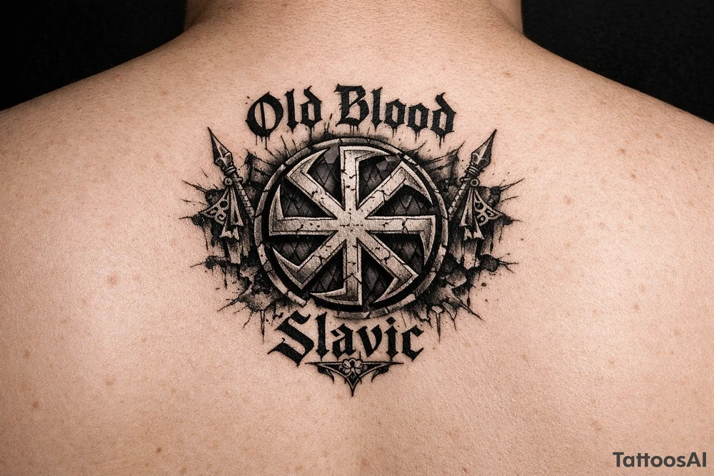Slavic kolovrat with old blood written and Slavic written tattoo idea