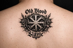 Slavic kolovrat with old blood written and Slavic written tattoo idea