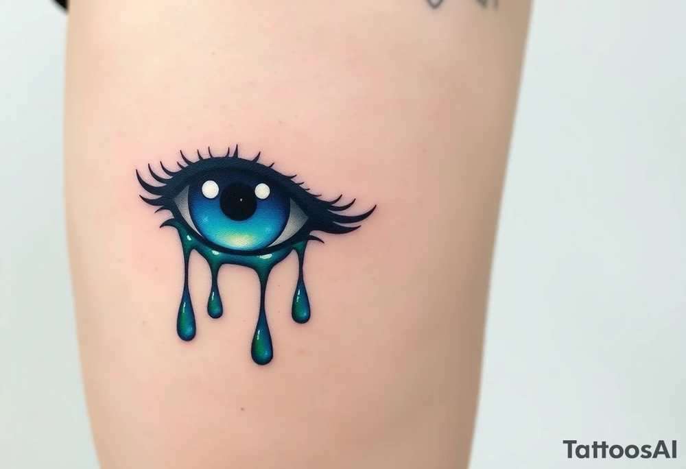 teary eyes with dripping teardrops colored in deep blues and greens, with a faint reflection of the night sk tattoo idea