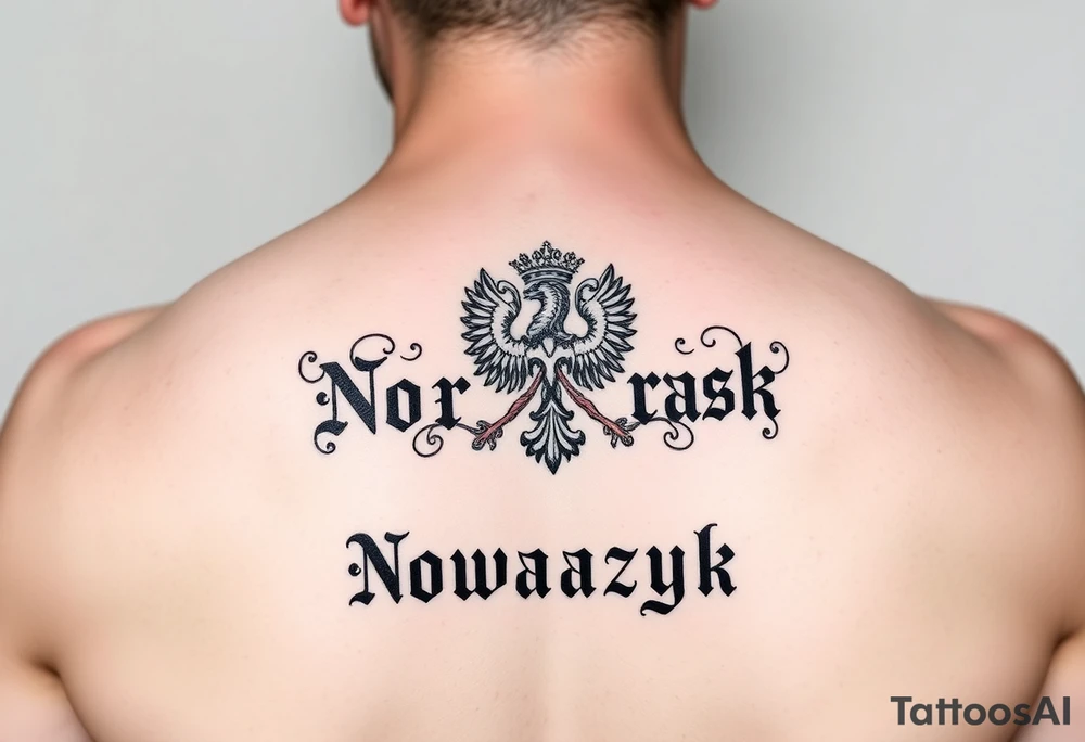 The Polish coat of arms surrounded by the word Nowaczyk in a medieval font tattoo idea