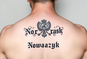 The Polish coat of arms surrounded by the word Nowaczyk in a medieval font tattoo idea