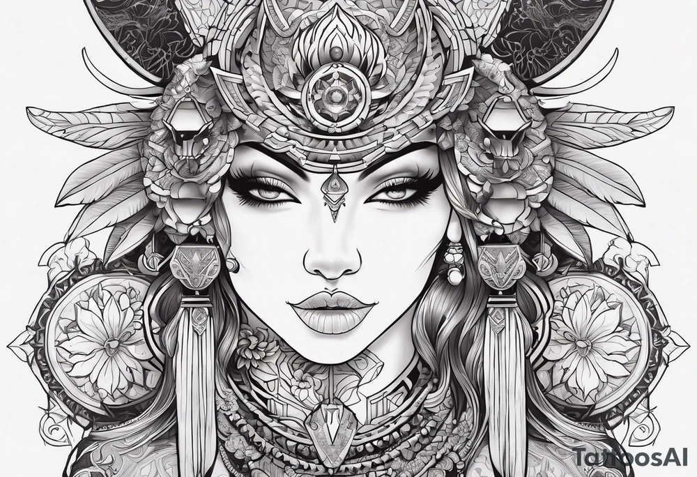 kali ma, alien goddess, valkrye, aries, pirate, divine feminine, zenza resonance, pachamama, lotus azul, blank panther, eagle, skull, 5D, nueva gaya, dna 12, left side chest tatoo tattoo idea