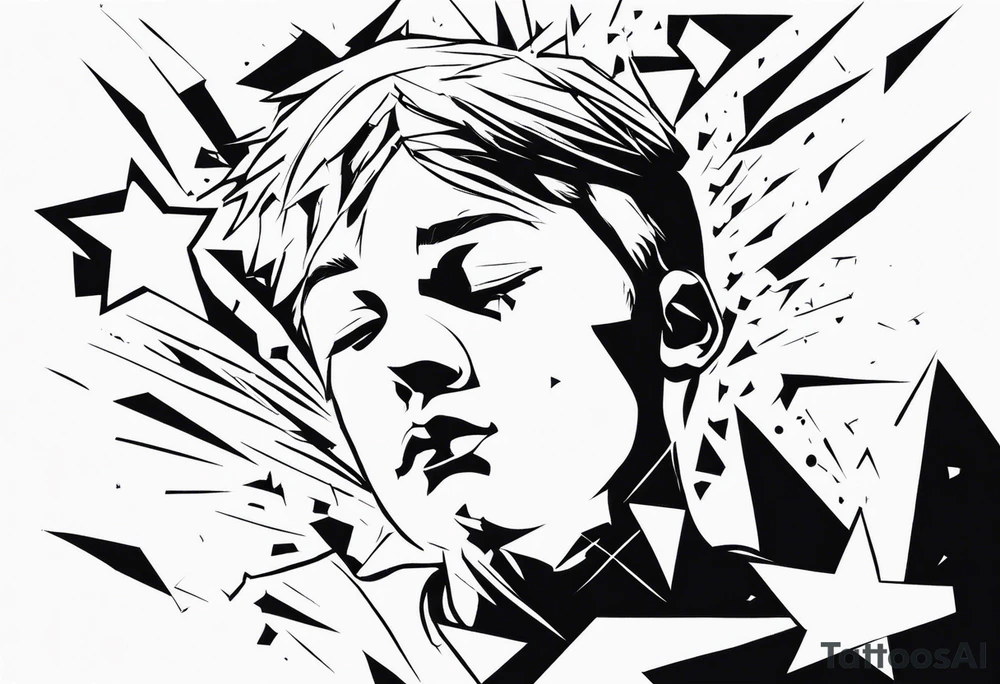 boy looking up into the sky, the boy is made of broken pieces tattoo idea