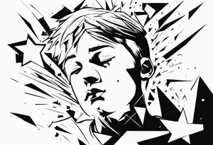 boy looking up into the sky, the boy is made of broken pieces tattoo idea
