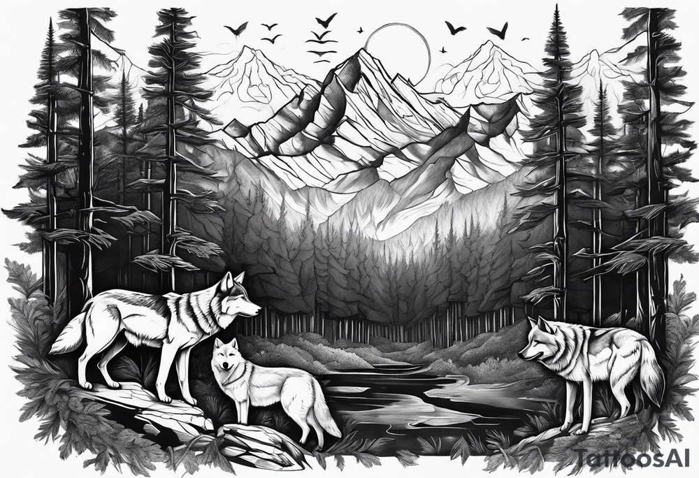 Dark forest with mountains and wolves tattoo idea