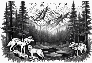 Dark forest with mountains and wolves tattoo idea