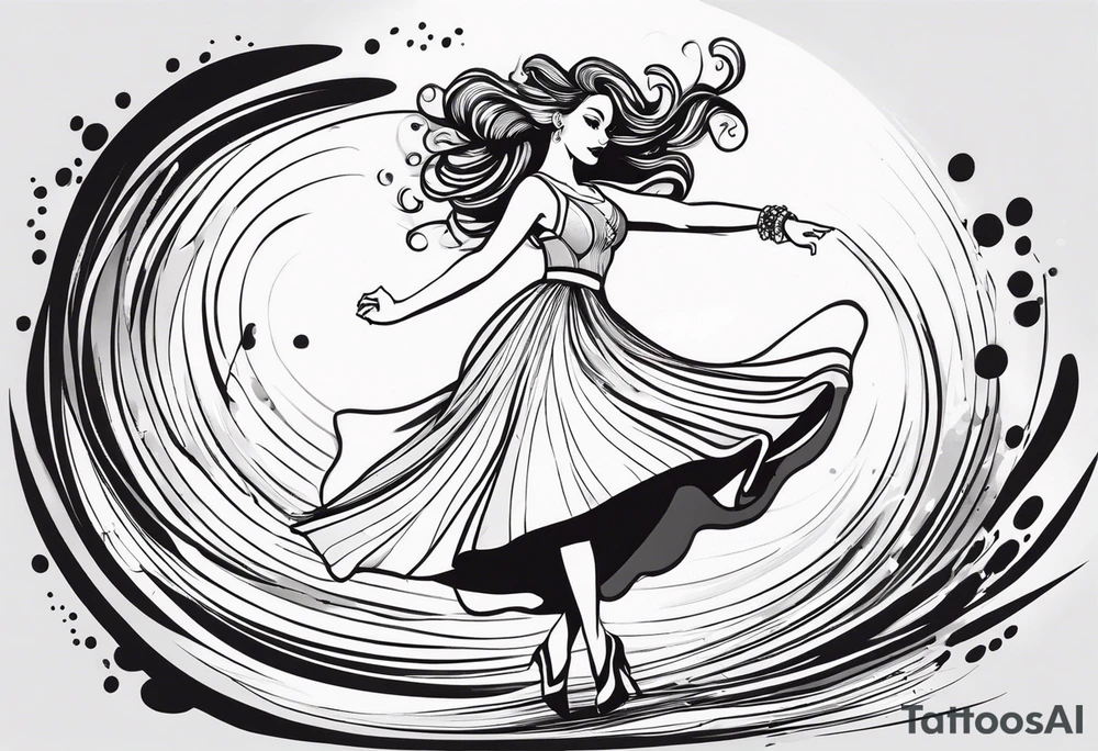 Girl twirling full body with flowing dress tattoo idea