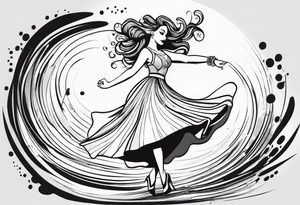 Girl twirling full body with flowing dress tattoo idea