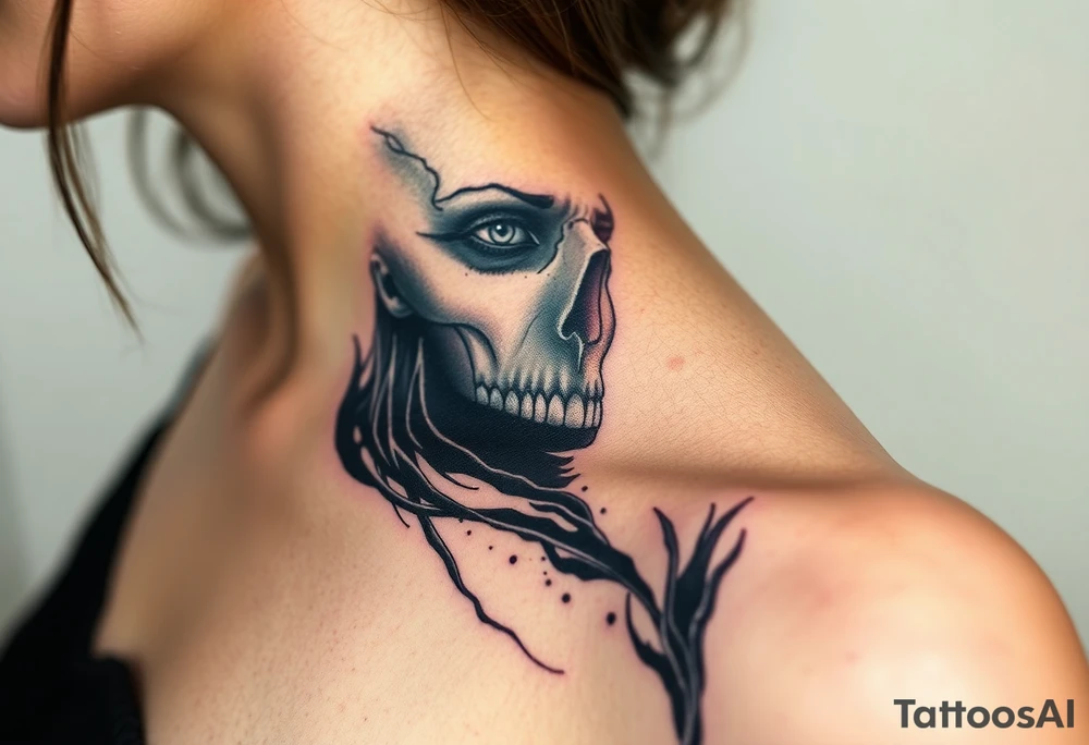 A chilling Hel, the half-dead Norse goddess of the underworld, her face split between lifelike beauty and skeletal darkness, draped in a tattered black cloak tattoo idea