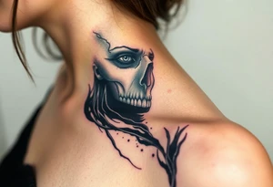 A chilling Hel, the half-dead Norse goddess of the underworld, her face split between lifelike beauty and skeletal darkness, draped in a tattered black cloak tattoo idea