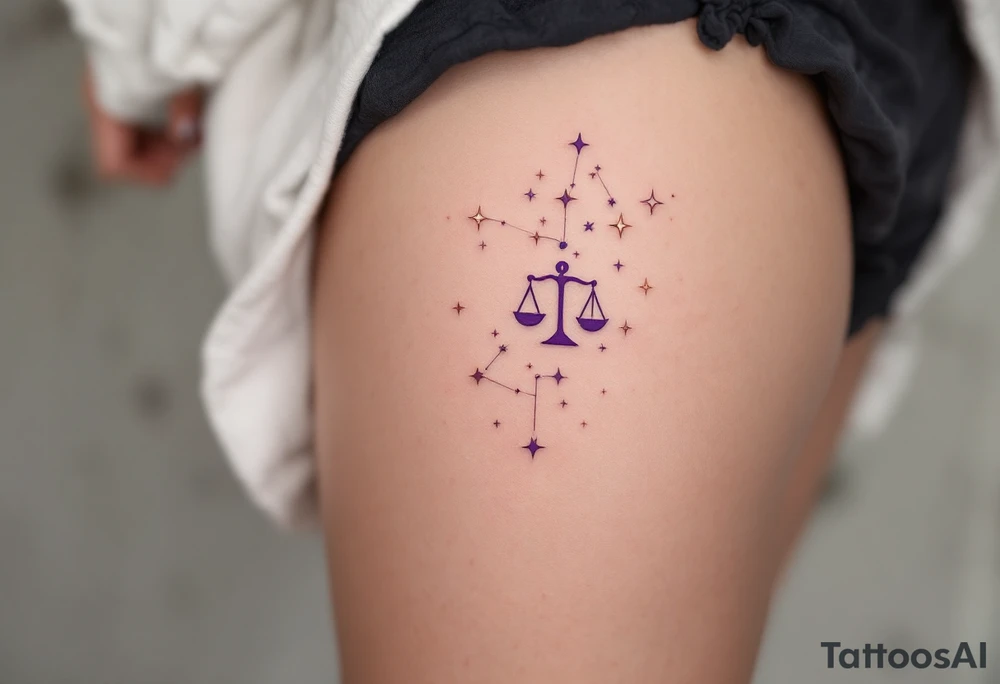 Rose gold stars connect the Libra constellation above a floating Libra symbol in soft violet. tattoo idea