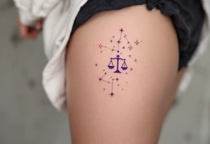 Rose gold stars connect the Libra constellation above a floating Libra symbol in soft violet. tattoo idea