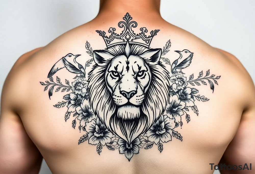 powerful majestic lion with a crown, surrounded by floral ornaments and birds tattoo idea
