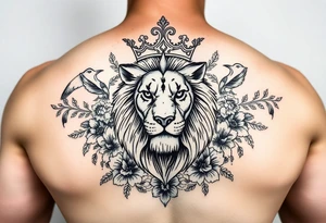 powerful majestic lion with a crown, surrounded by floral ornaments and birds tattoo idea
