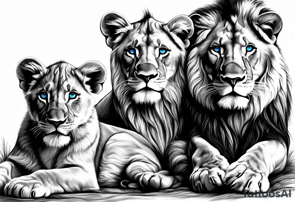 Male father lion with blue eyes. Two male cub lions one with blue eyes and the other brown. Father lion protecting cub lions. tattoo idea