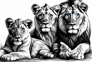 Male father lion with blue eyes. Two male cub lions one with blue eyes and the other brown. Father lion protecting cub lions. tattoo idea
