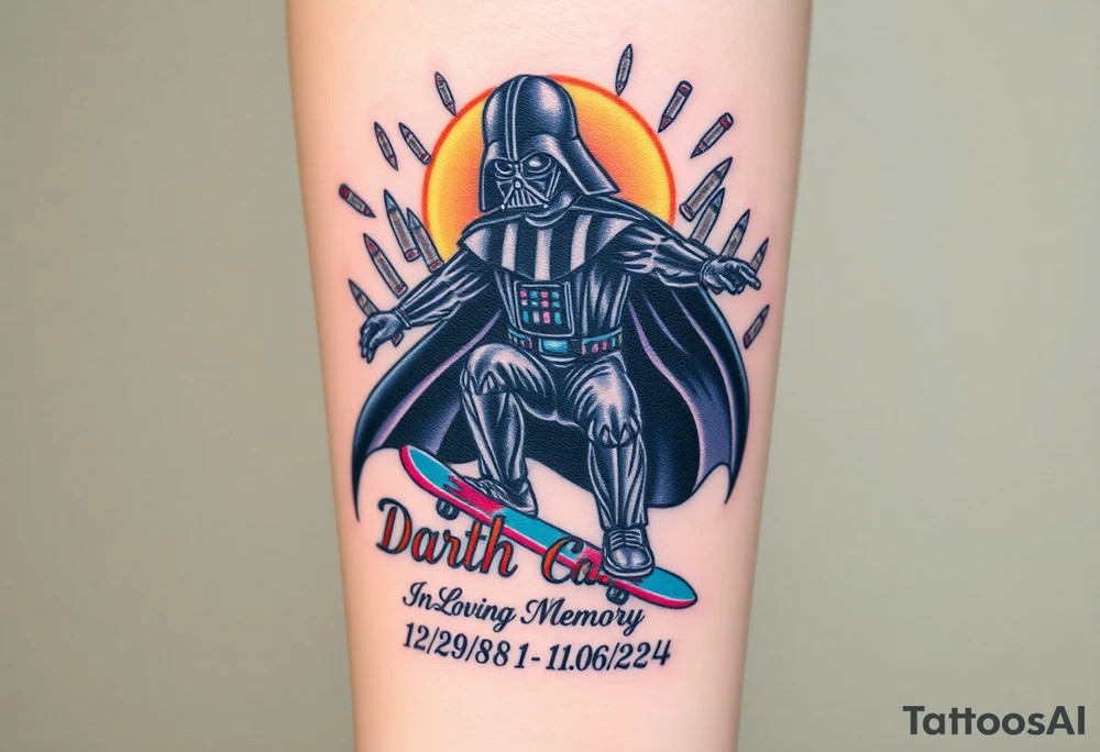 Darth Vader skateboarding > bullets > in loving memory
colorful
skateboard words "Darth Carter"
add date 12/29/88-01/06/24 tattoo idea