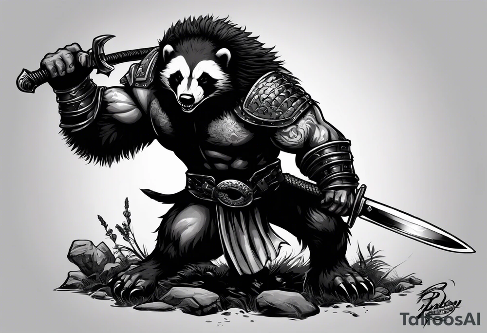 Draw me psychopath Honey Badger/Berserker with aggressive full body, killer face with a scary smile, very long nails and he attacks like a Bloody Assassin/Warrior/Gladiator to us and also, he has very deadly looking. He fights with his nails. Everybody scares after their first sight. Give me horror type Badger Tattoo. I want to see his Realistic full body. tattoo idea